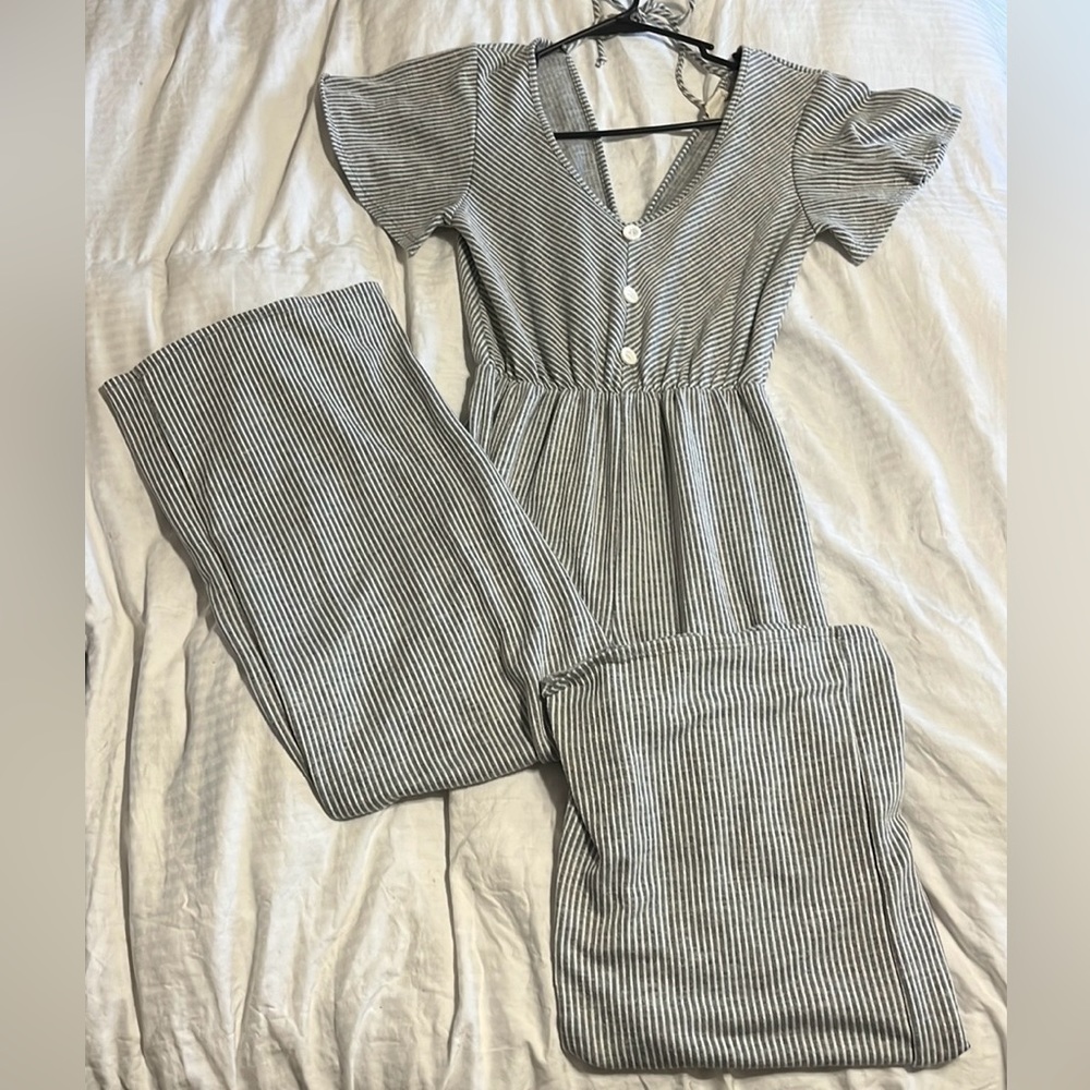 Gray and white jump suit